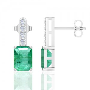 14K White Gold 3.92 cts Emerald Stone Diamond Designer Ladies Earrings