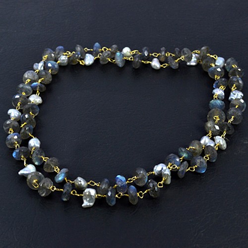 92.5 Silver Natural Top Rainbow Fire Labradorite Pear Gemstone Beads Necklace